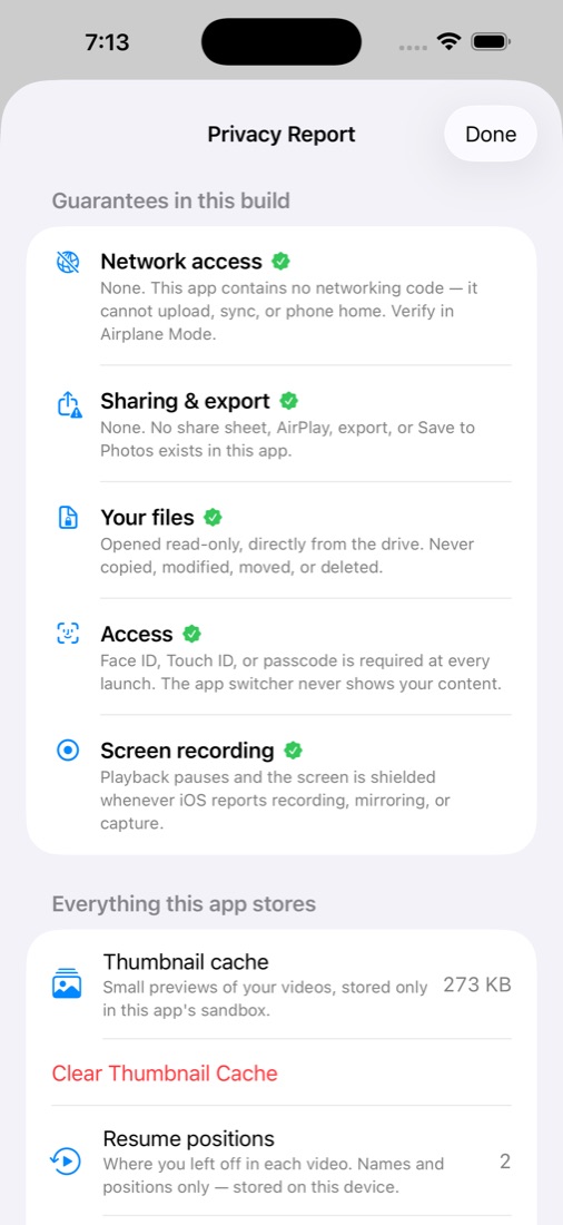 Privacy Report screen listing the app's privacy guarantees and stored data